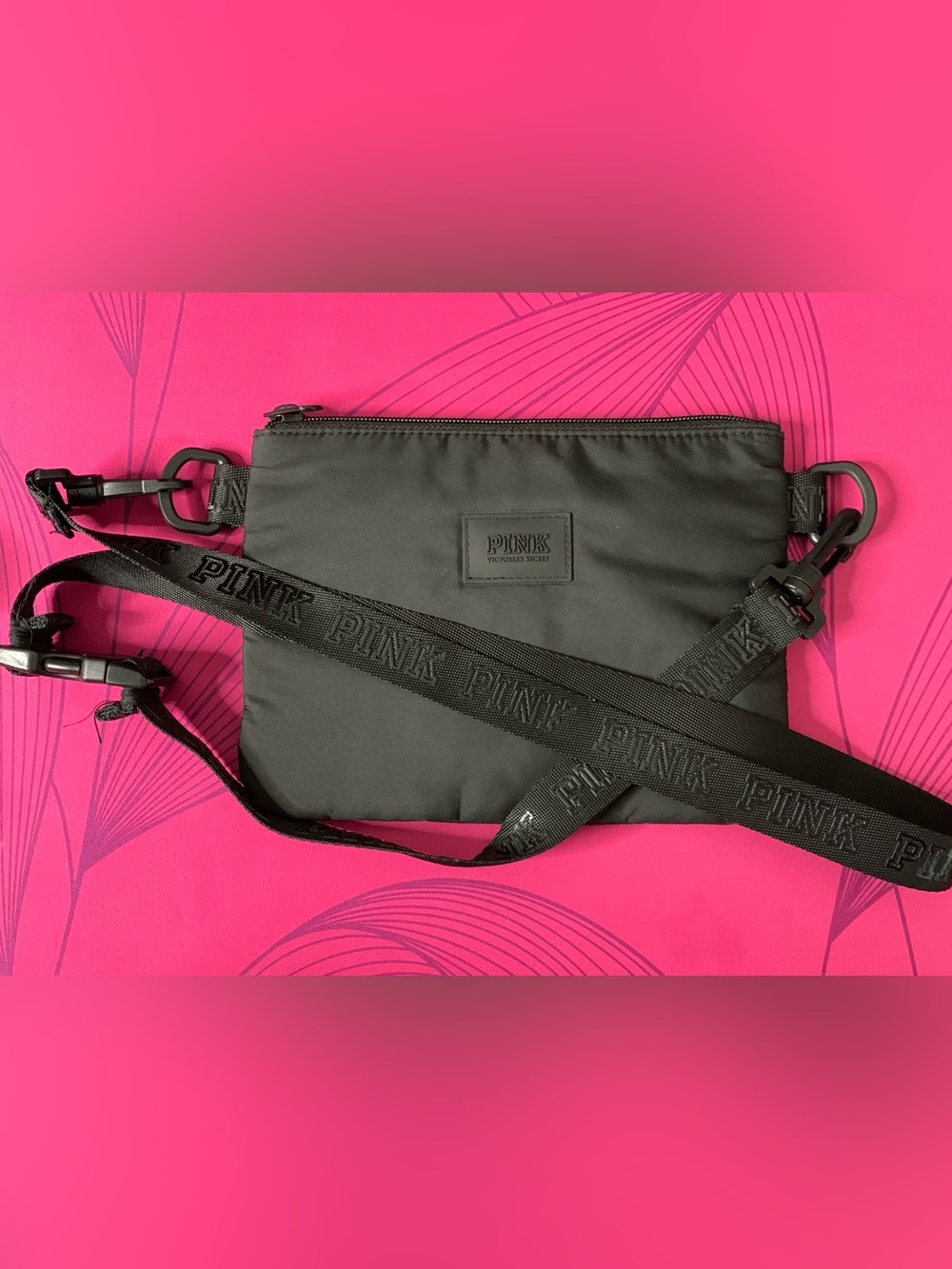 PINK Victoria's Secret Black Nylon Messenger Bag with Branded Strap
